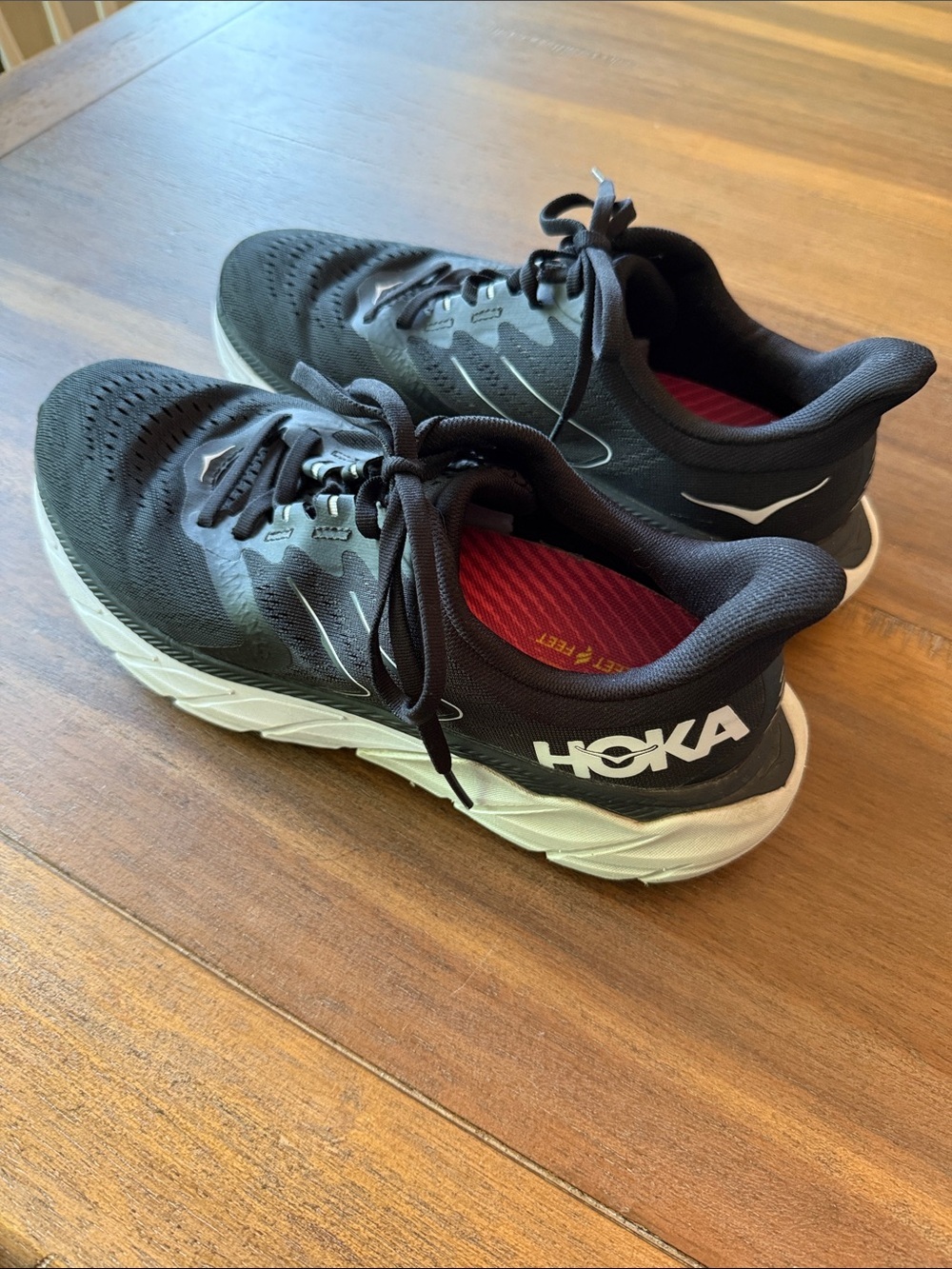 Hoka Men's Black Running Sneakers with White Midsole and Red Insole Size 10